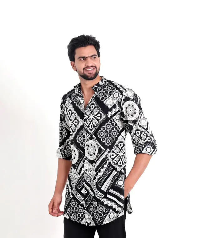 Open Long Black & White  Pattern Shirt