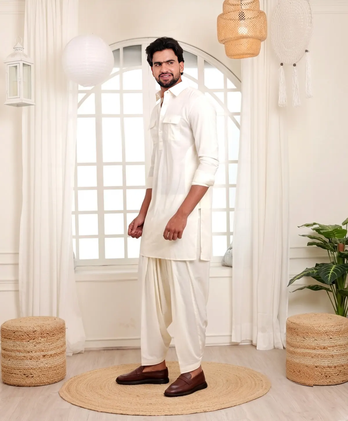 White Peshawari with Pleated Salwar - Image 2