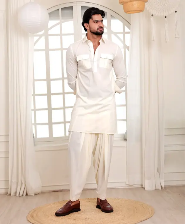 White Peshawari with Pleated Salwar
