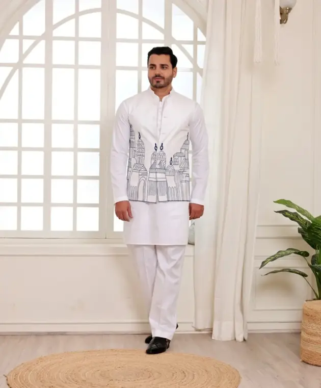 White Kurta Trouser with  White Minar Jacket