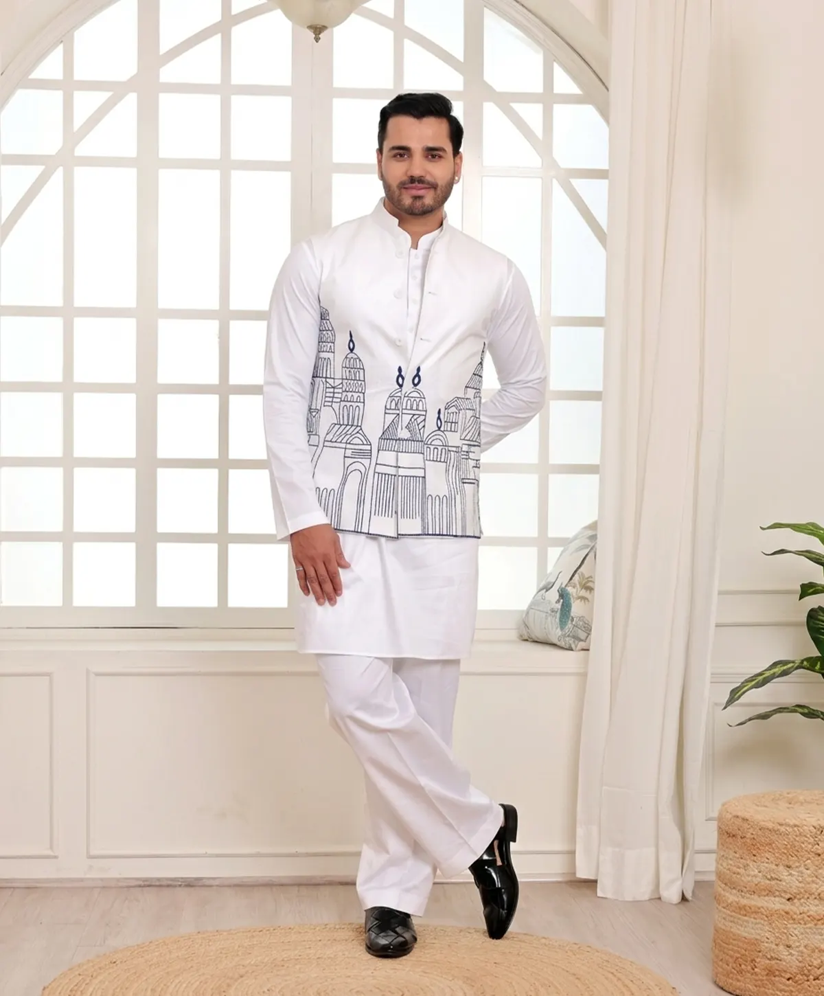 White Kurta Trouser with White Minar Jacket - Image 3