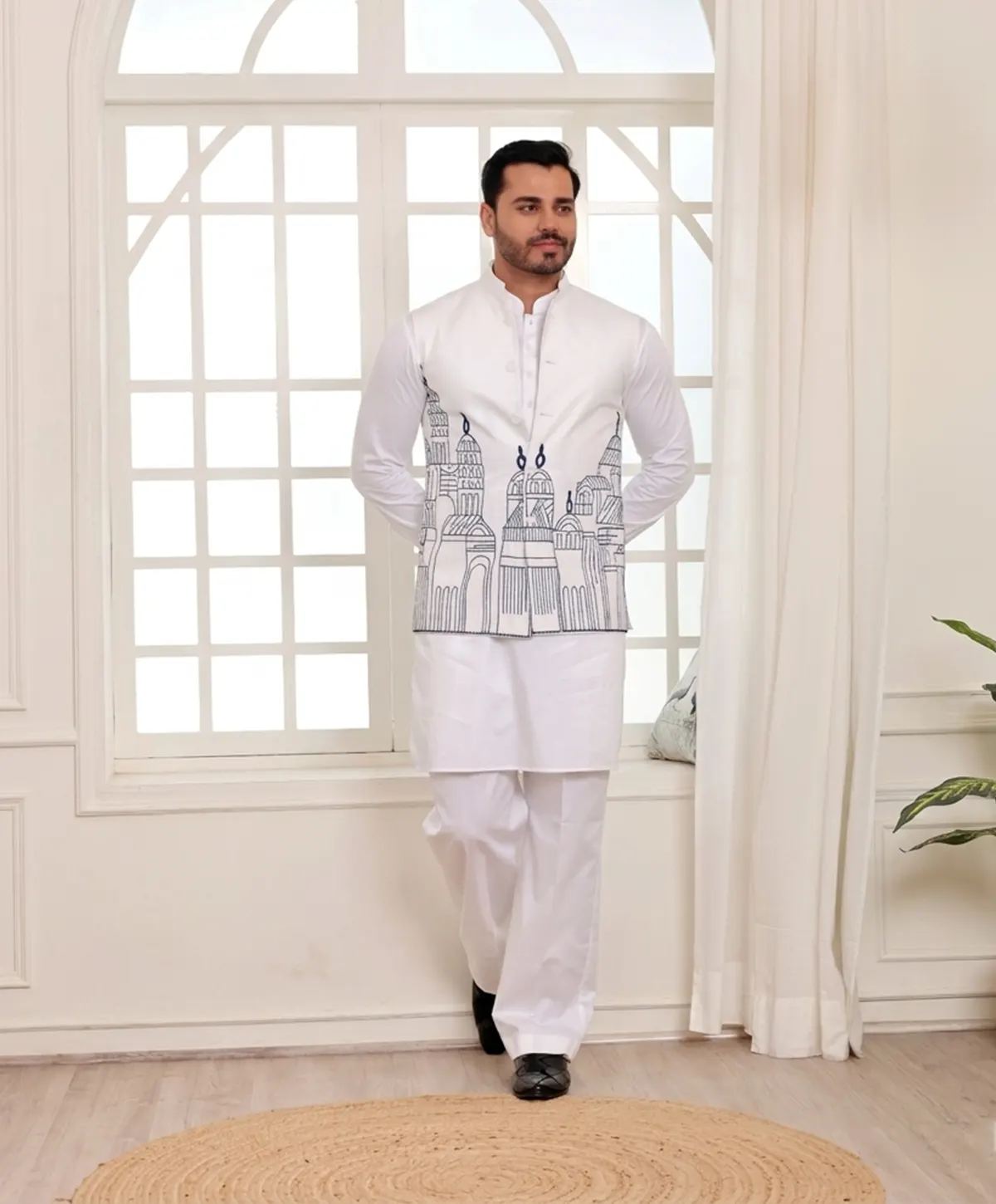 White Kurta Trouser with White Minar Jacket - Image 2
