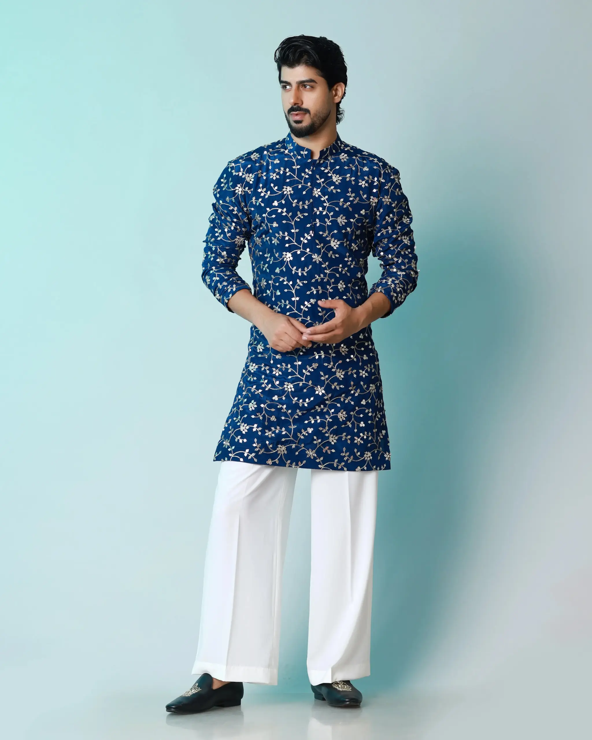 The Royal Vine Kurta - Navy Blue - Top and Bottom - Image 2