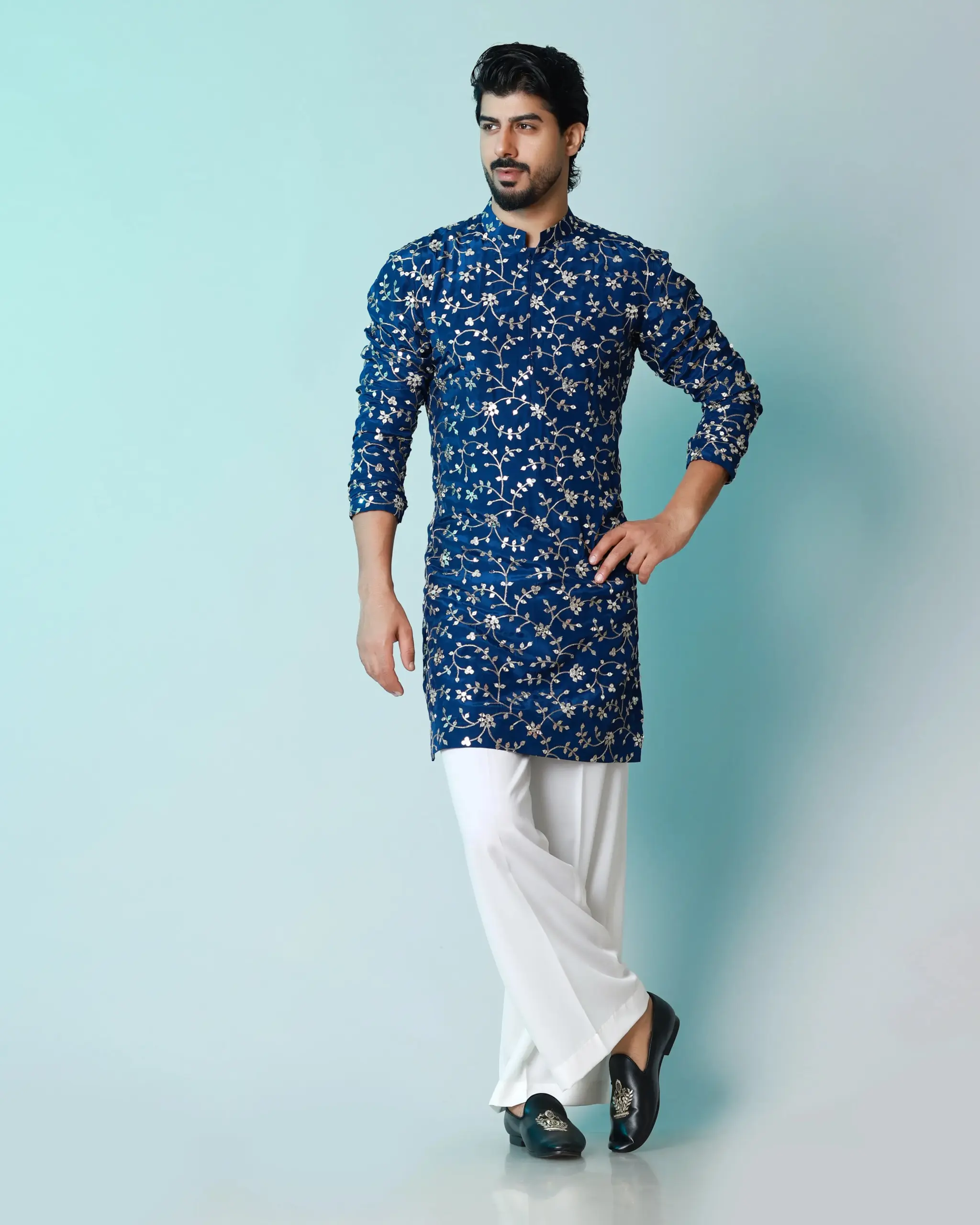The Royal Vine Kurta - Navy Blue - Top and Bottom - Image 3