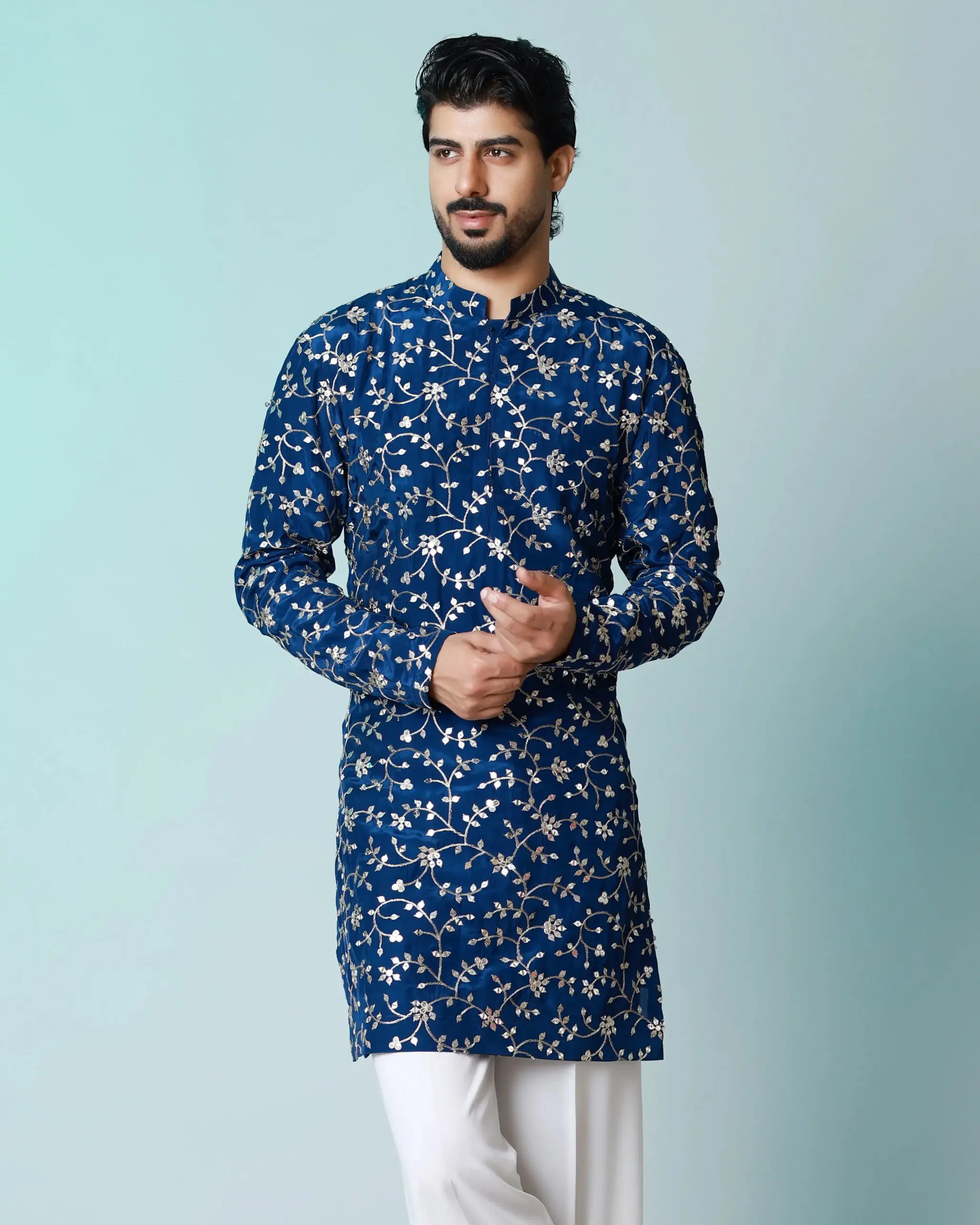 The Royal Vine Kurta - Navy Blue - Top and Bottom