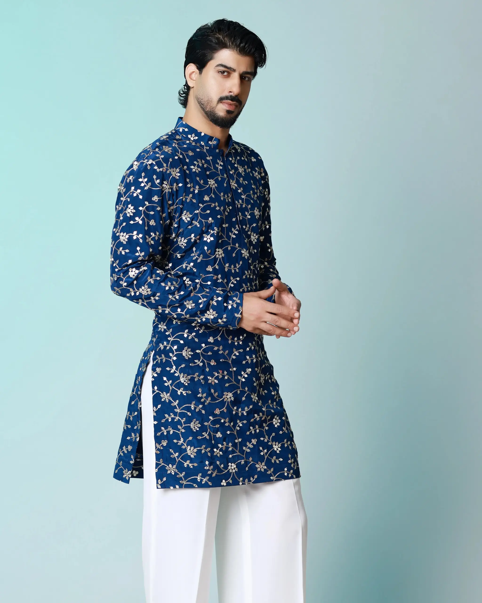 The Royal Vine Kurta - Navy Blue - Top and Bottom - Image 4