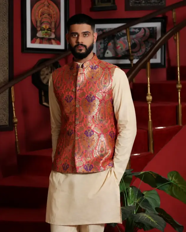 Mehfil-E-Gul Collection - Blush Pink Waistcoat With Bone Colour Kurta