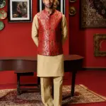 Mehfil-E-Gul Collection - Old-Red Waistcoat with Pista Green Kurta