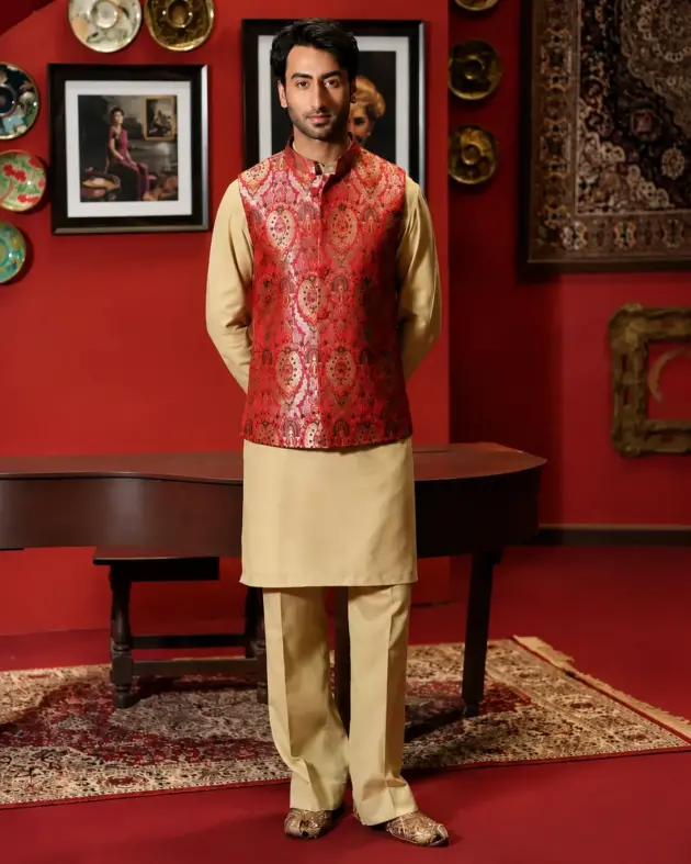 Mehfil-E-Gul Collection - Old-Red Waistcoat with Pista Green Kurta
