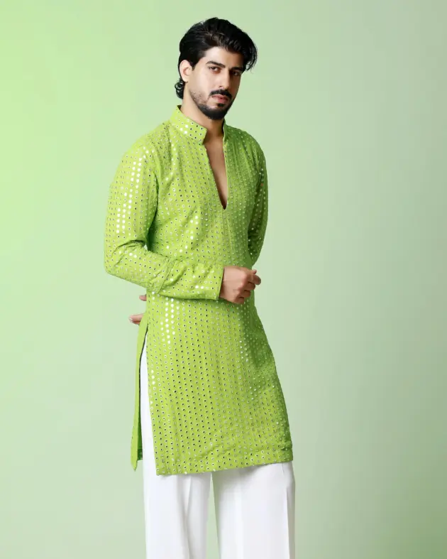 Nayanoir Green Radiance Kurta - Apple Green -  Top and Bottom