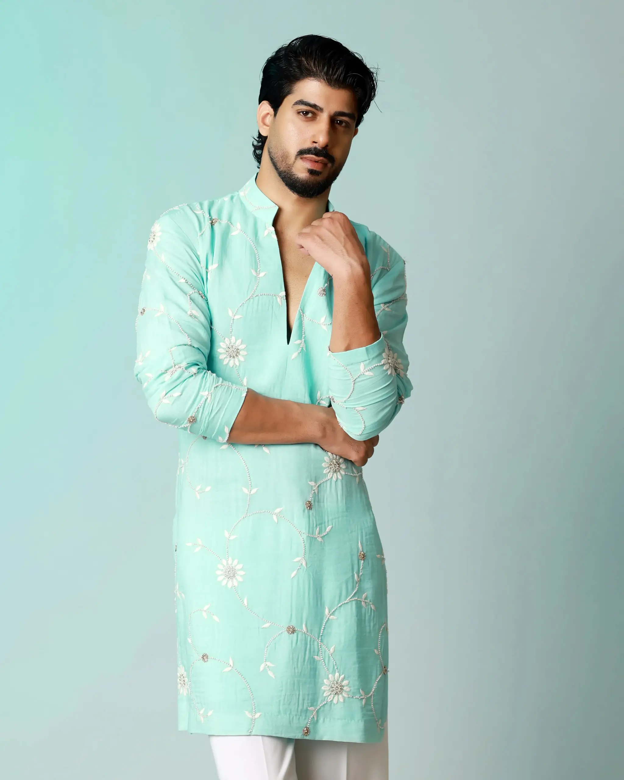 Floral emboridery with cutdana work kurta - Firozi - Top and Bottom - Image 4