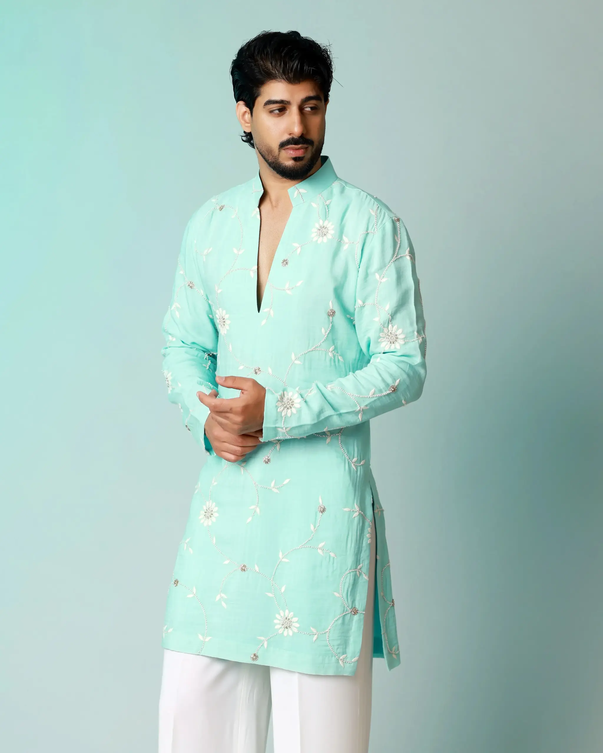 Floral emboridery with cutdana work kurta - Firozi - Top and Bottom - Image 3