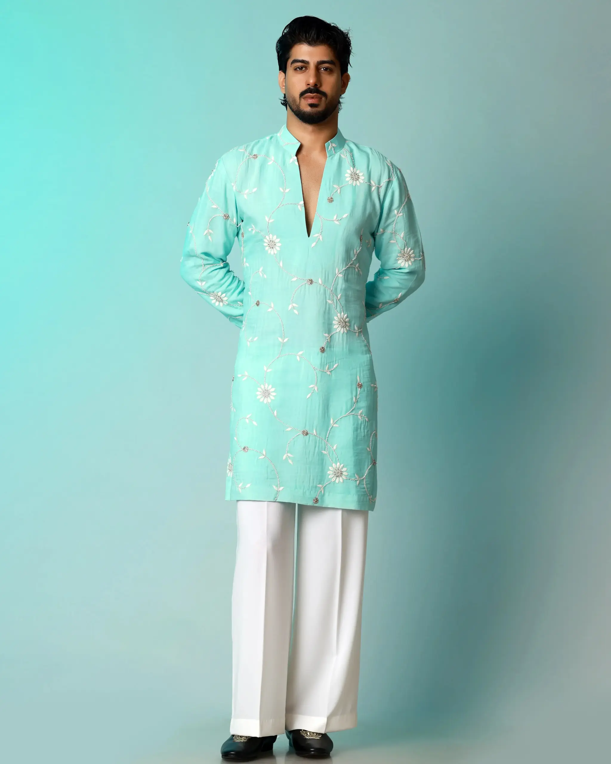 Floral emboridery with cutdana work kurta - Firozi - Top and Bottom - Image 2