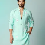 Floral emboridery with cutdana work kurta - Firozi - Top and Bottom