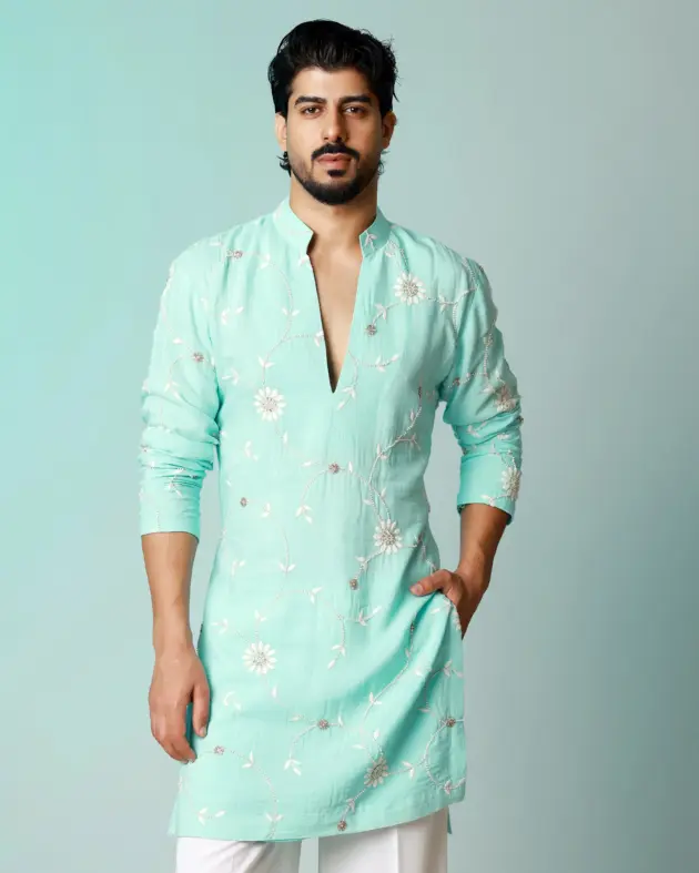 Floral emboridery with cutdana work kurta - Firozi -  Top and Bottom