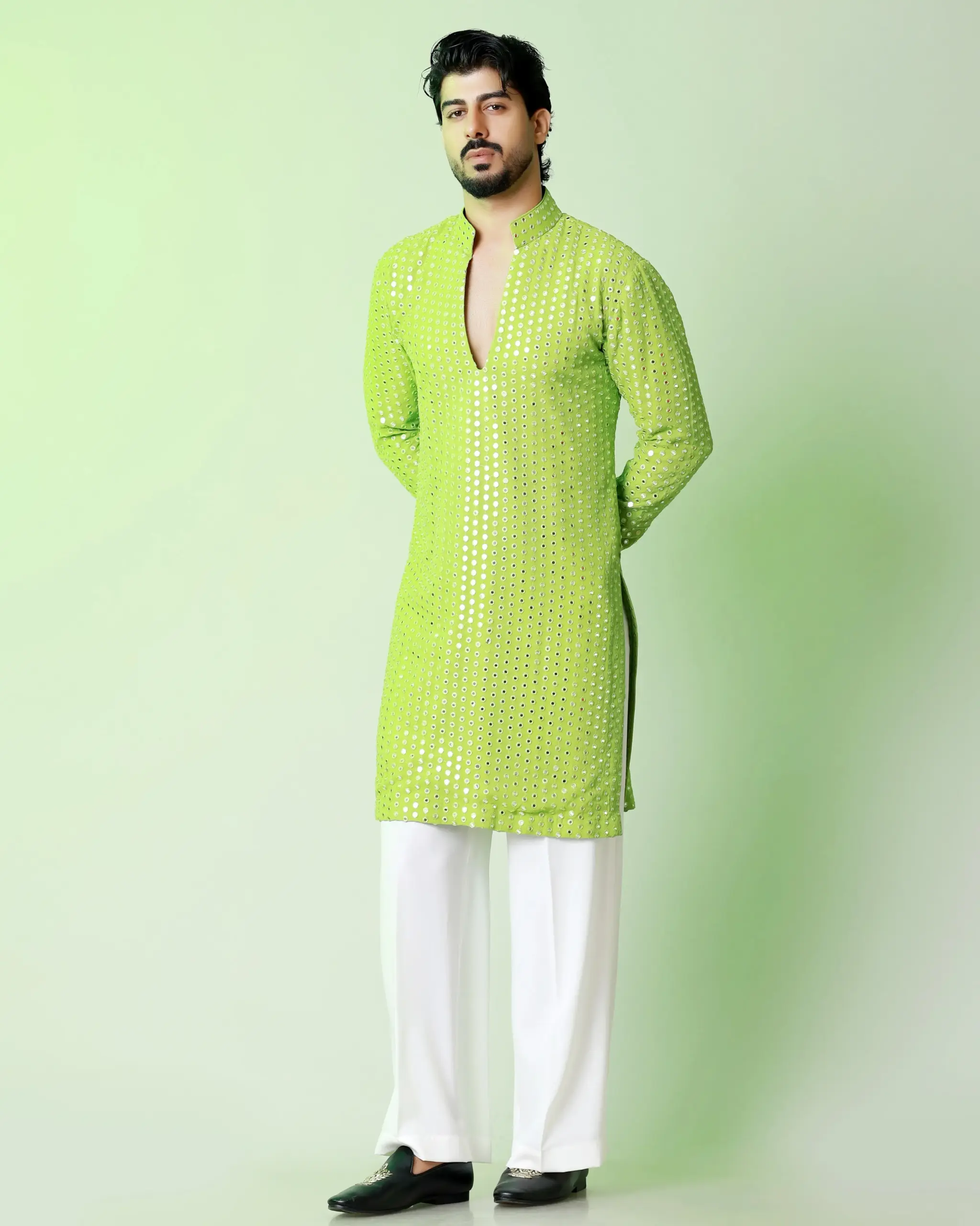 Nayanoir Green Radiance Kurta - Apple Green - Top and Bottom - Image 4
