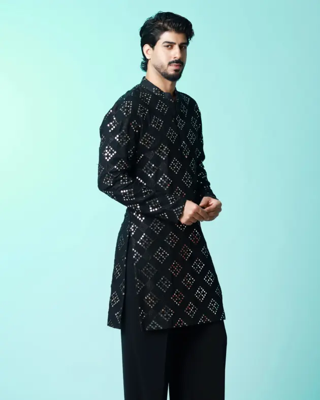 The Obsidian Mirror Kurta - Black -  Top and Bottom