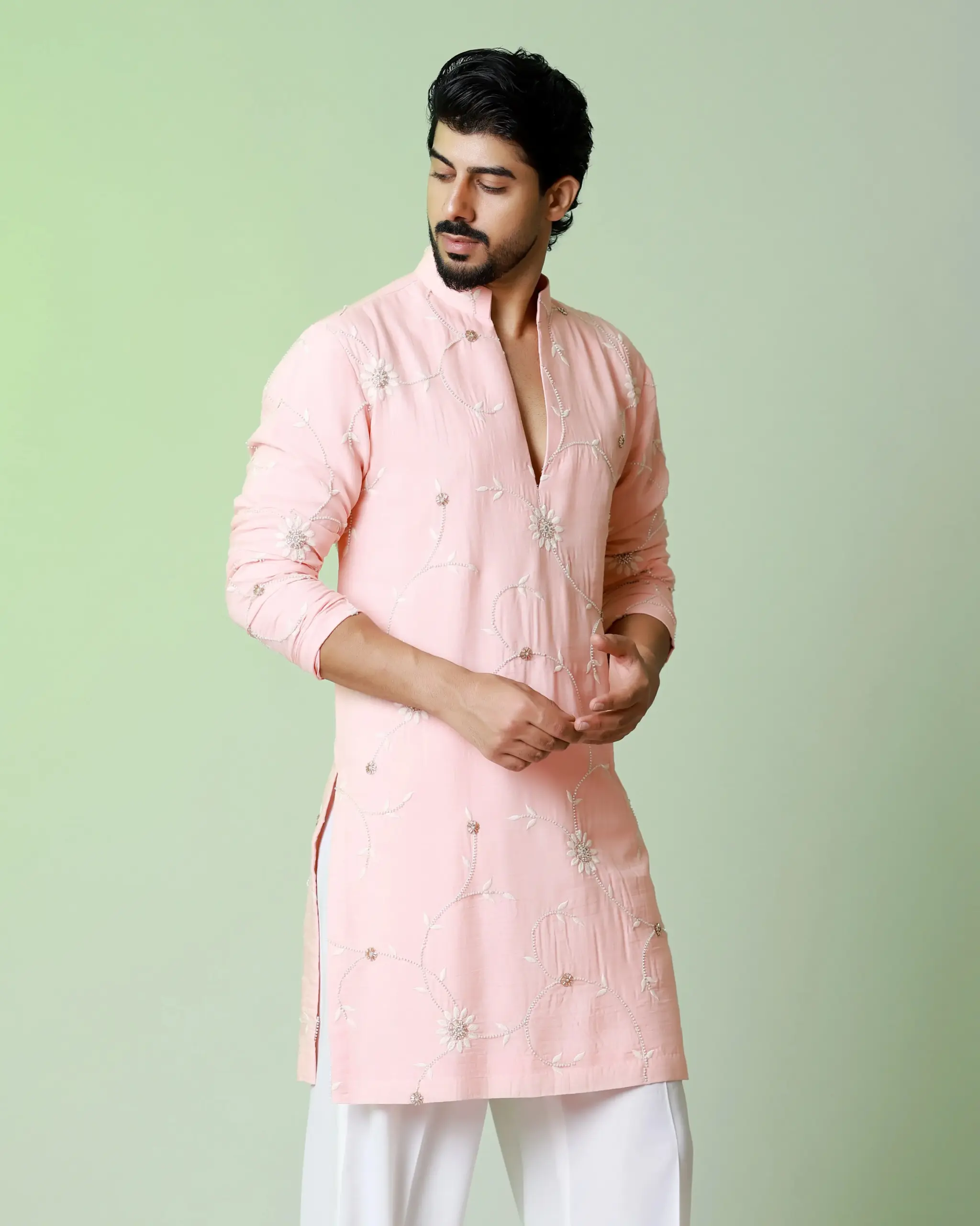 Floral emboridery with cutdana work kurta – Peach - Top and Bottom - Image 2