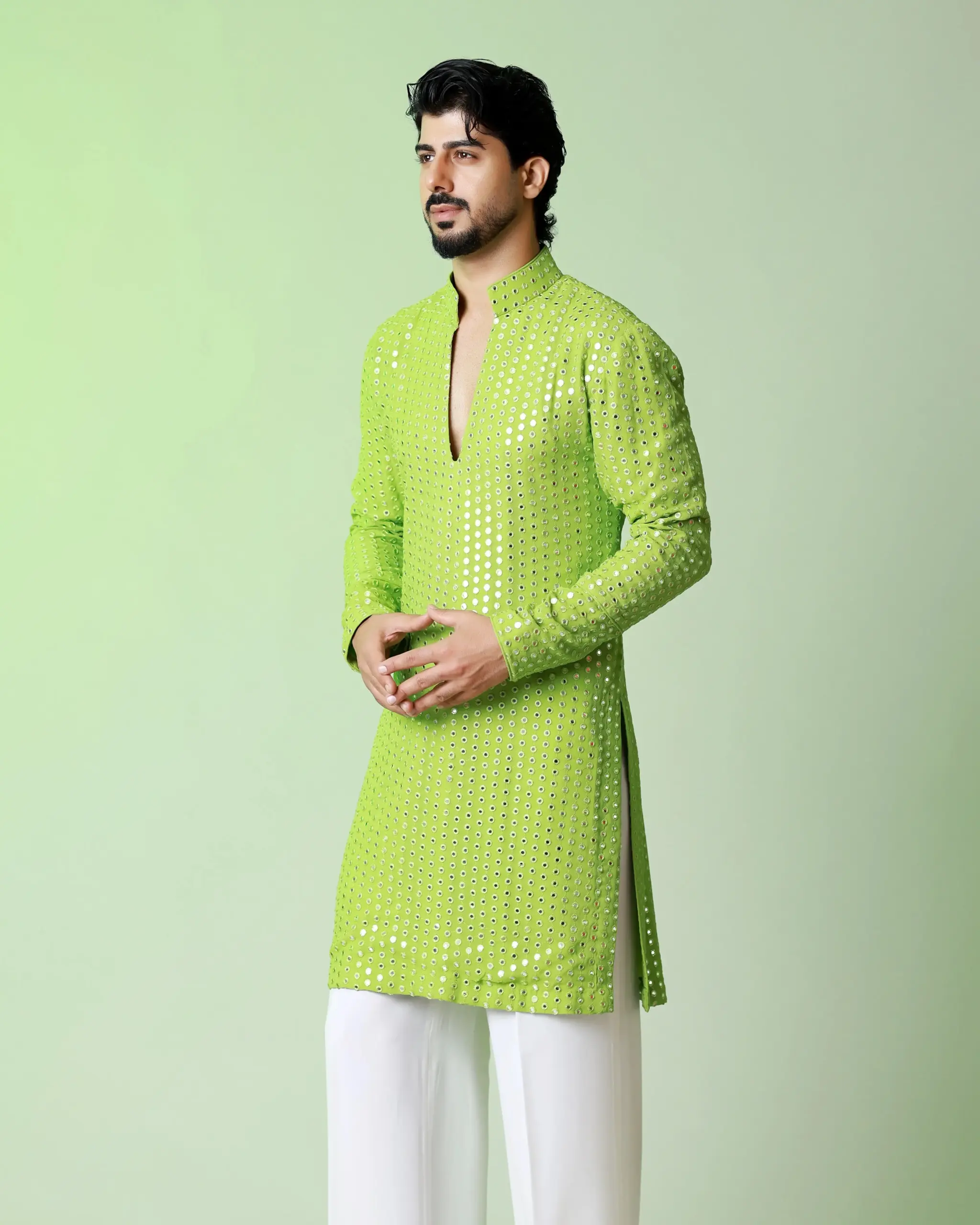 Nayanoir Green Radiance Kurta - Apple Green - Top and Bottom - Image 3