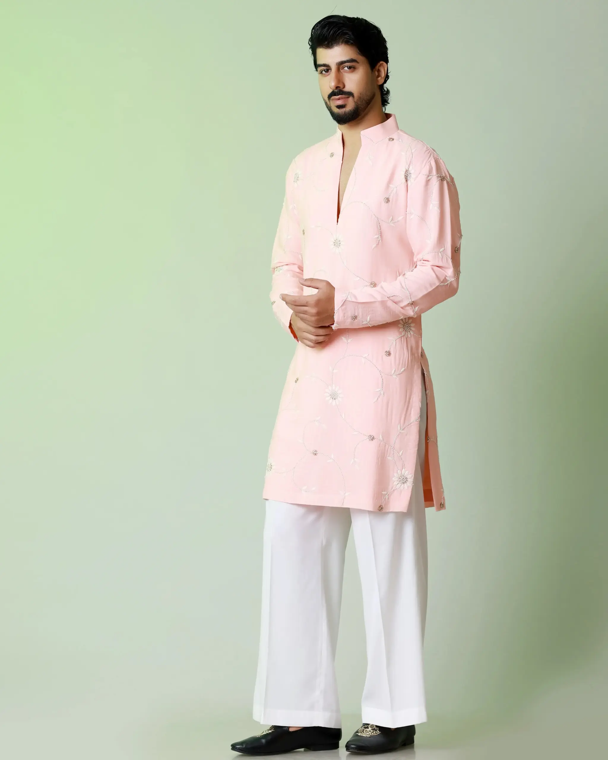 Floral emboridery with cutdana work kurta – Peach - Top and Bottom - Image 3