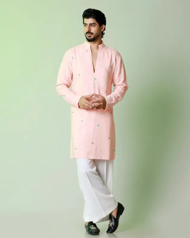 Floral emboridery with cutdana work kurta – Peach - Top and Bottom