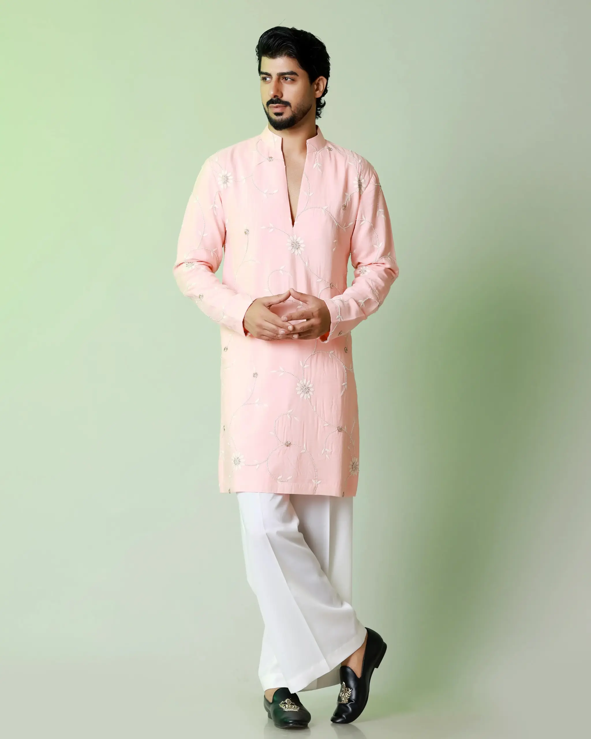 Floral emboridery with cutdana work kurta – Peach - Top and Bottom