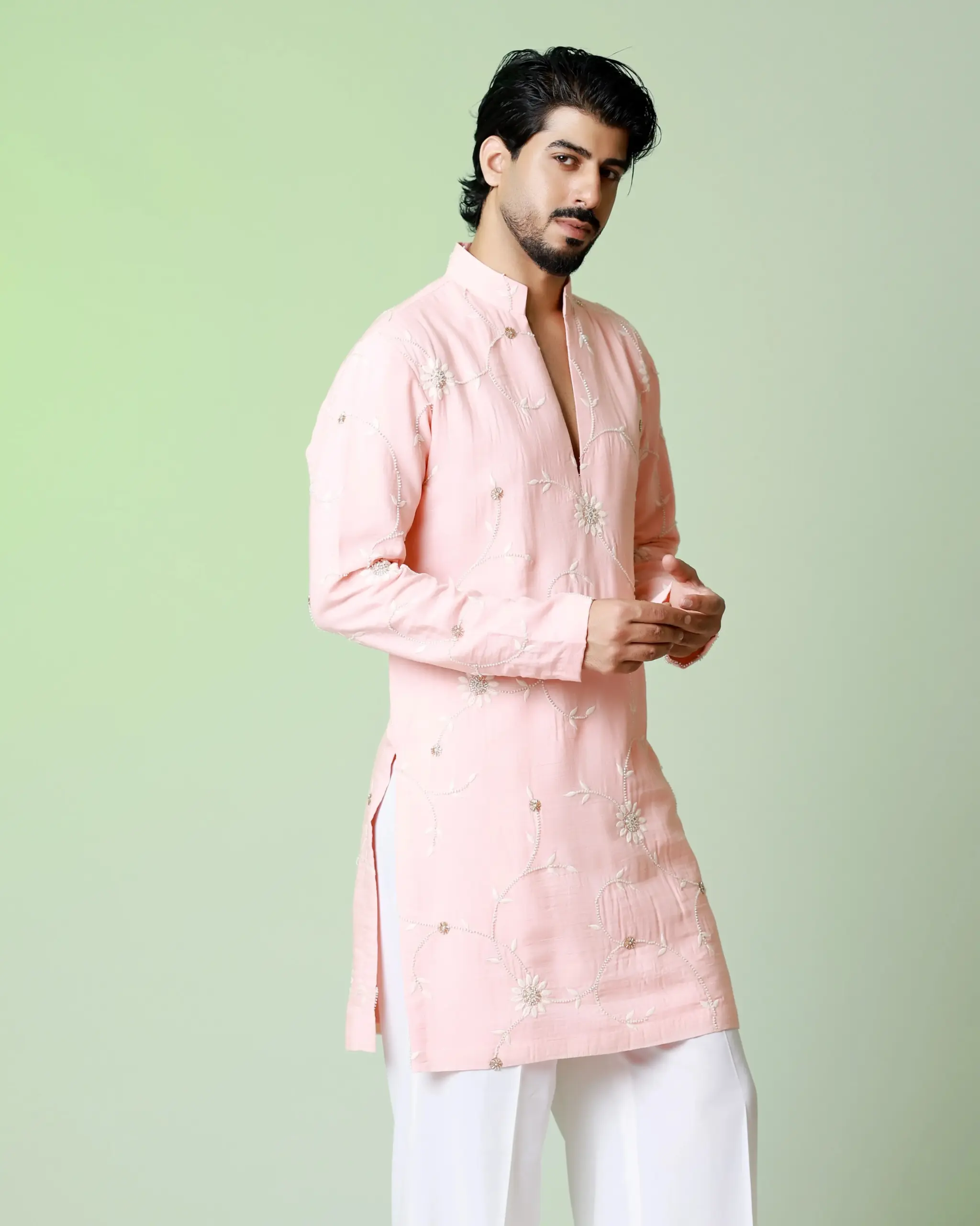 Floral emboridery with cutdana work kurta – Peach - Top and Bottom - Image 4