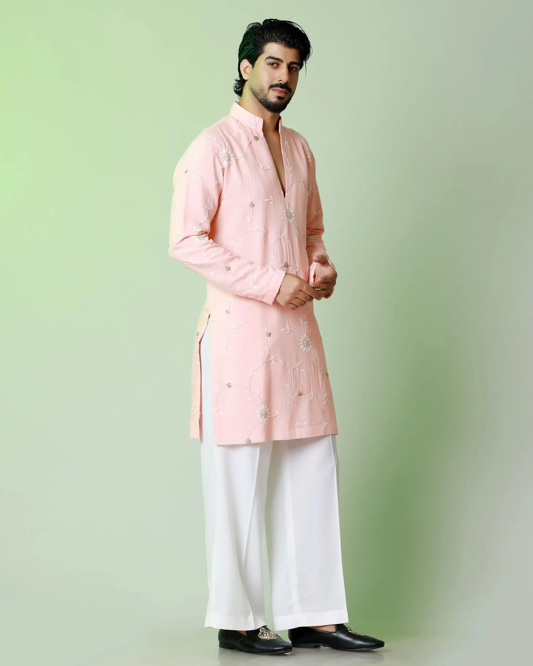 Floral emboridery with cutdana work kurta – Peach - Top and Bottom - Image 5