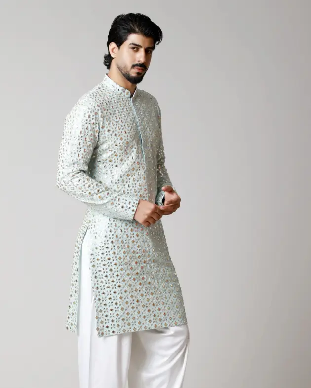 The Celestial Sky Mirror Kurta Set - Sky Blue - Top and Bottom