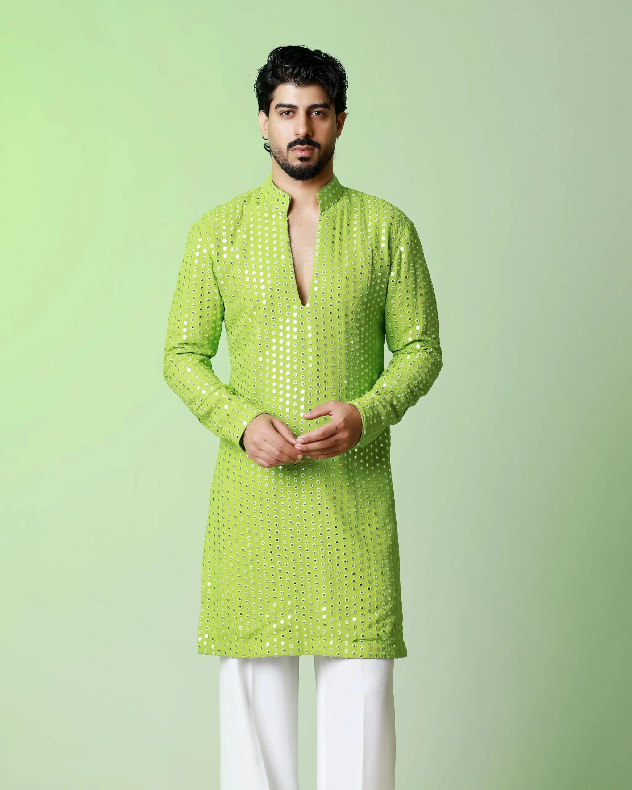 Nayanoir Green Radiance Kurta - Apple Green - Top and Bottom - Image 2
