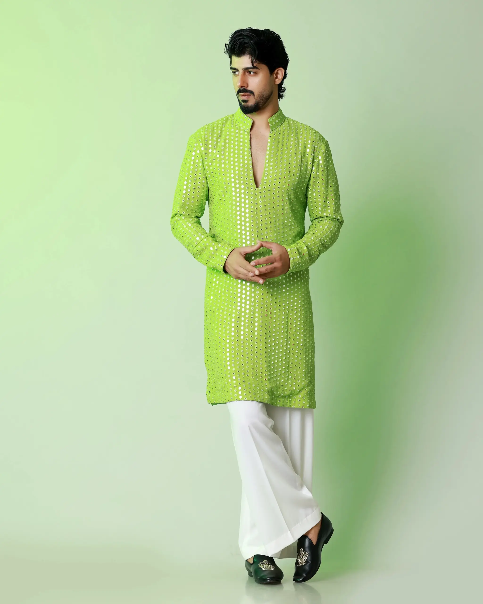 Nayanoir Green Radiance Kurta - Apple Green - Top and Bottom - Image 5