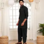 Peshawari with Pleated Salwar - Top and Bottom - Black