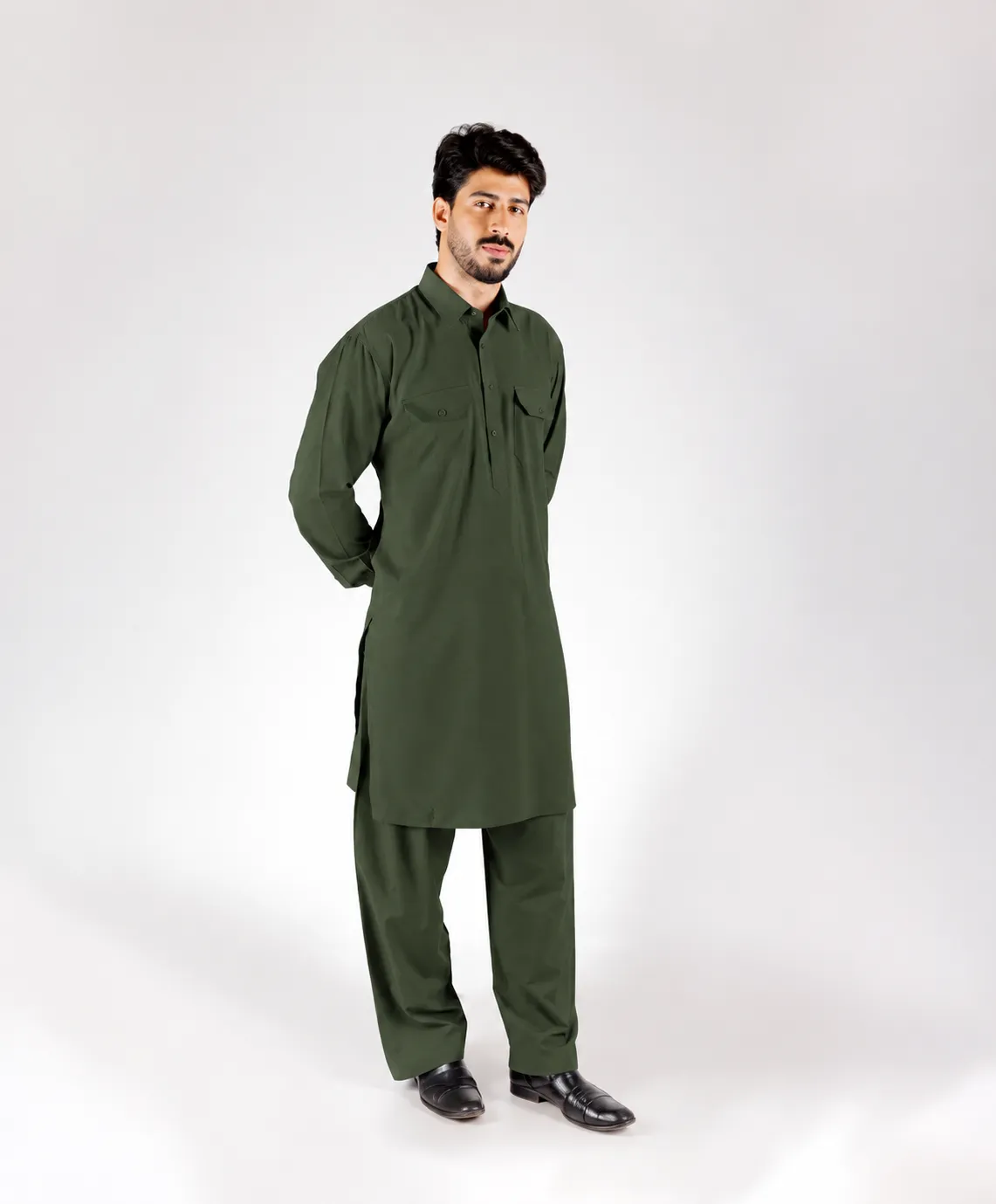 Royale Kurta Set - Top and Bottom - Olive Green - Image 3