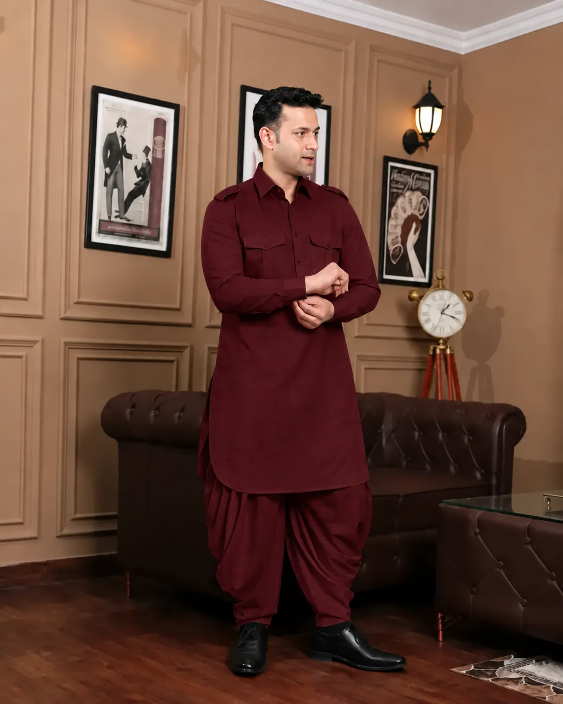 Royal Dhoti Salwar Kurta - Top and Bottom - Mahroon - Image 2