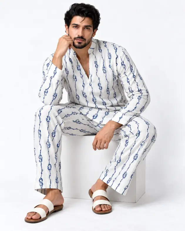 Blue Petal Stripe Co-ord Set – Off White