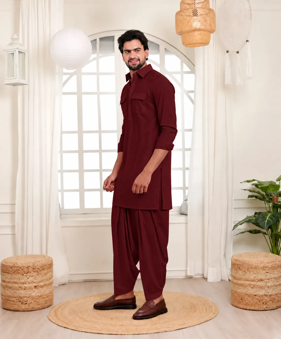 Peshawari with Pleated Salwar - Top and Bottom - Mahroon