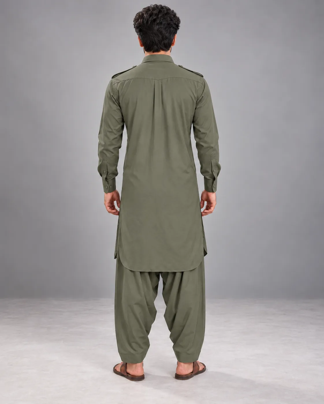 Pathani Kurta Salwar Set - Olive Green - Image 2
