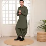 Rajwada Salwar Kurta - Top and Bottom - Olive Green