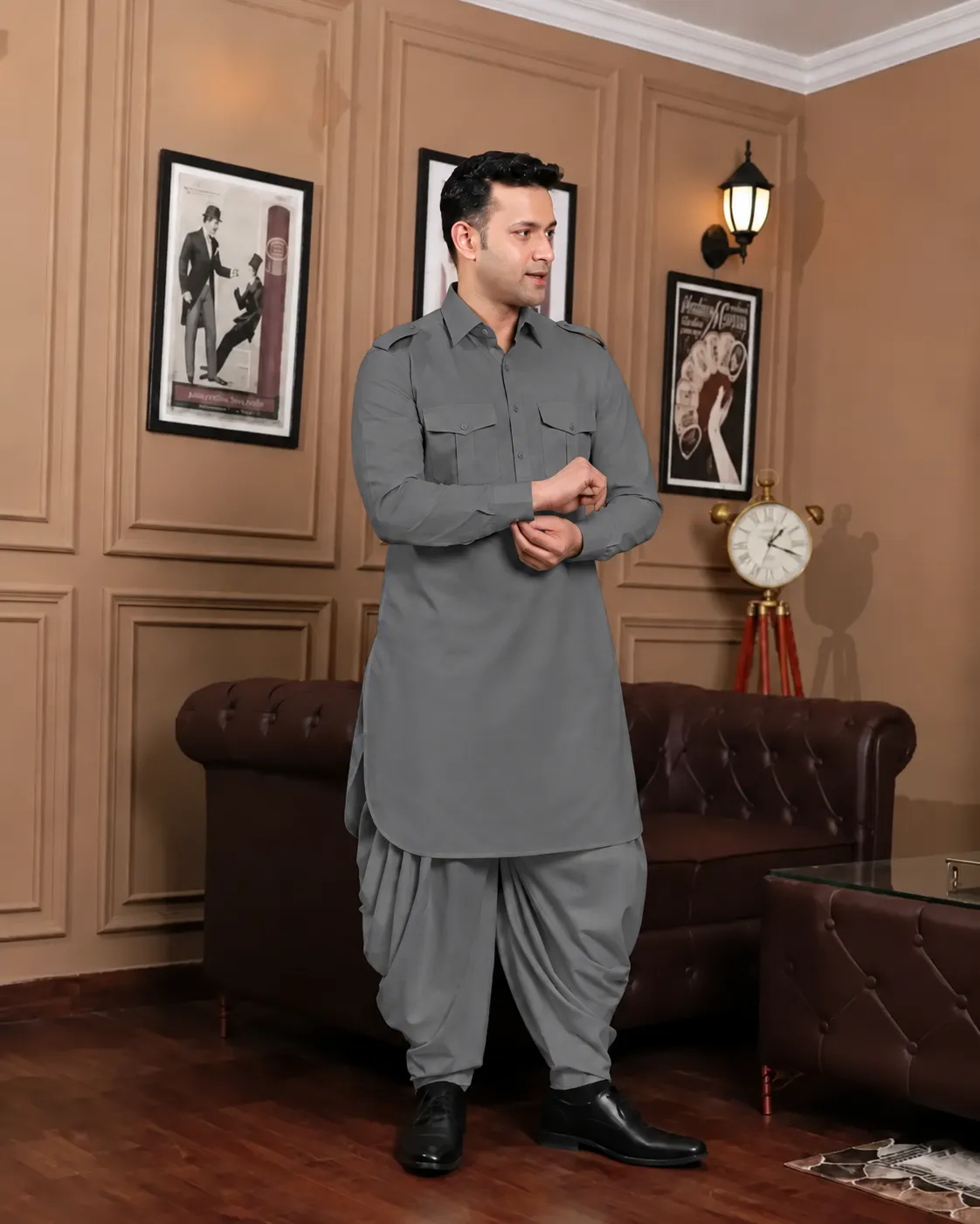 Royal Dhoti Salwar Kurta - Top and Bottom - Grey - Image 2