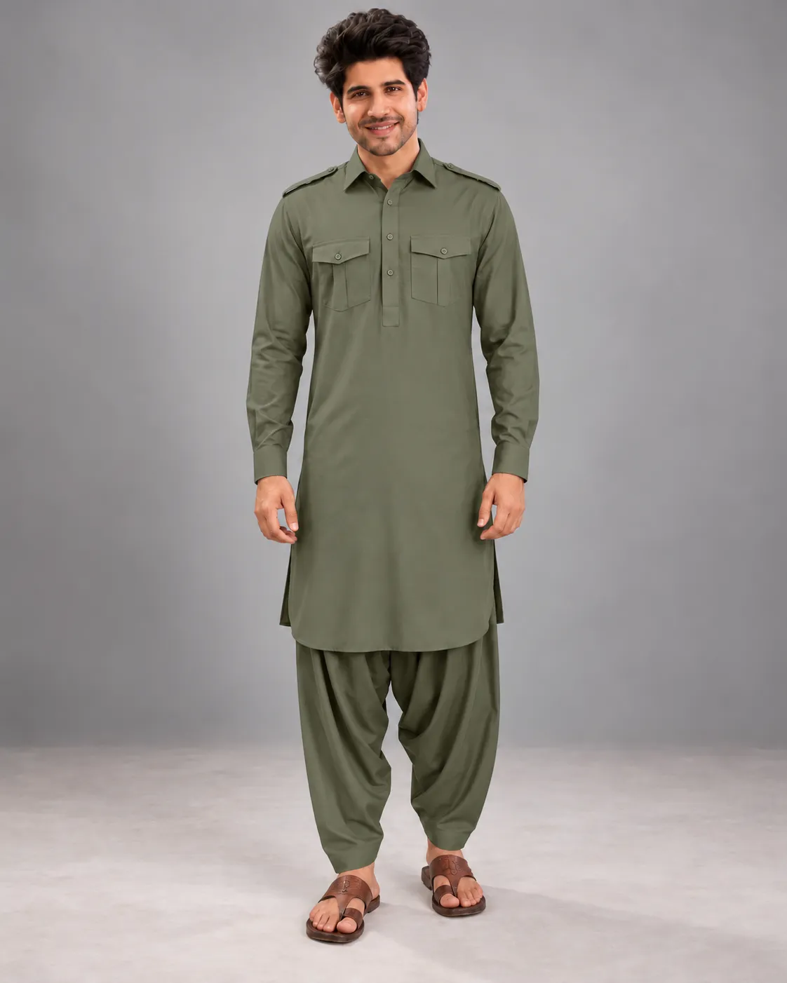 Pathani Kurta Salwar Set - Olive Green