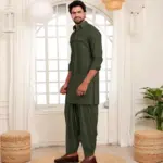 Peshawari with Pleated Salwar - Top and Bottom - Olive Green