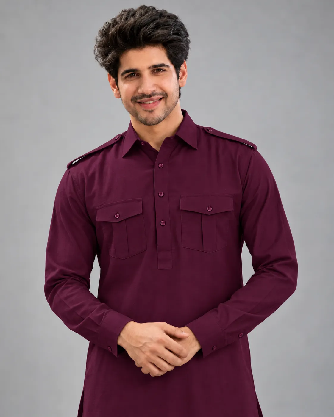 Pathani Kurta Salwar Set - Wine - Image 2