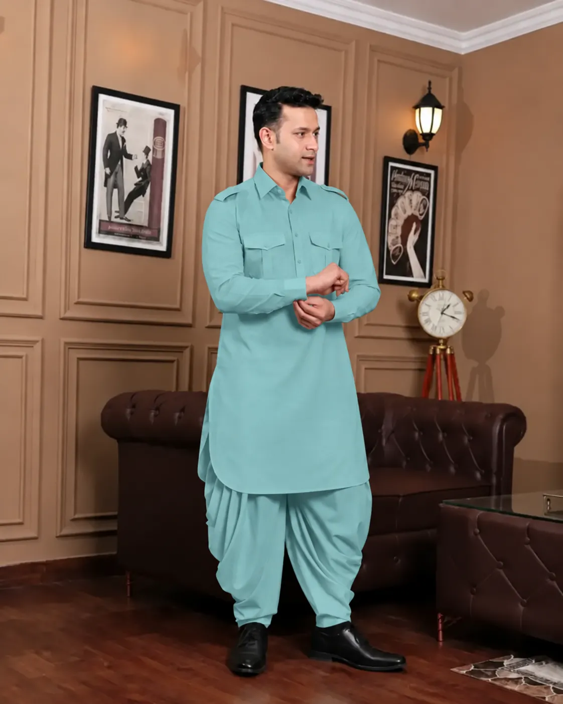 Royal Dhoti Salwar Kurta - Top and Bottom - Aqua - Image 2