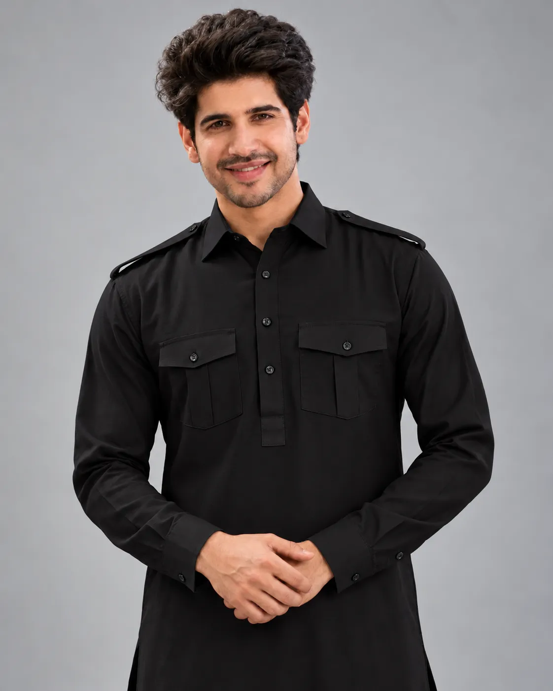 Pathani Kurta Salwar Set - Black - Image 2