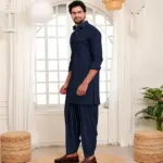 Peshawari with Pleated Salwar - Top and Bottom - Navy Blue