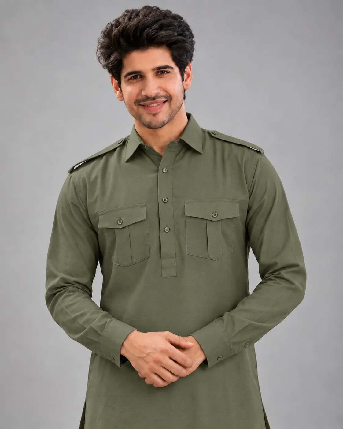 Pathani Kurta Salwar Set - Olive Green - Image 3