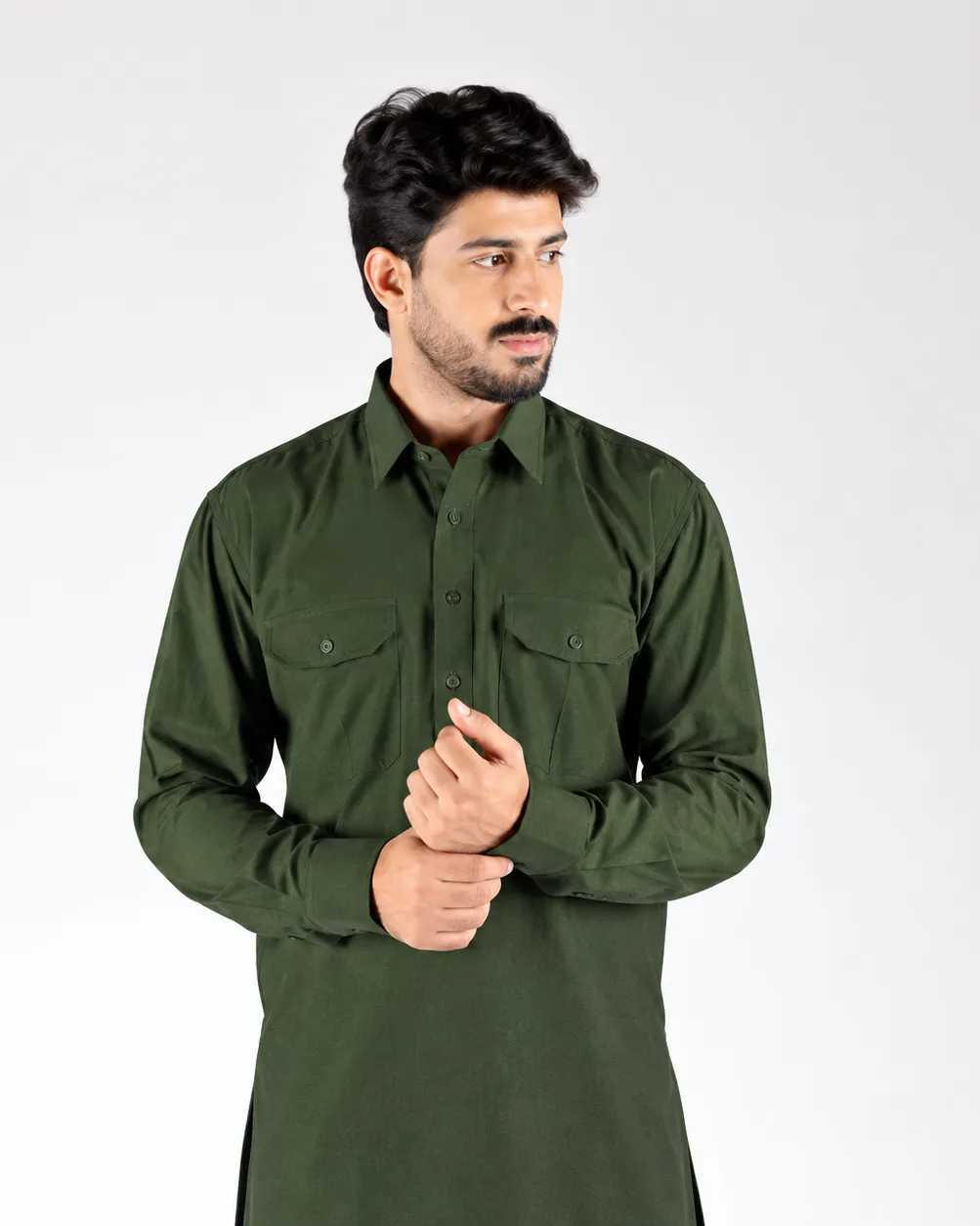 Royale Kurta Set - Top and Bottom - Olive Green - Image 2