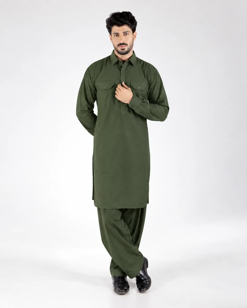 Royale Kurta Set - Top and Bottom - Olive Green