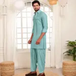 Peshawari with Pleated Salwar - Top and Bottom - Aqua