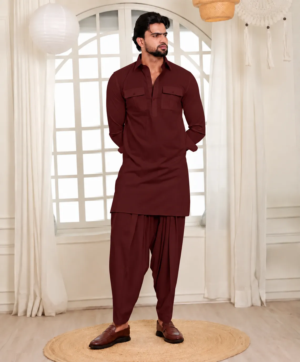 Peshawari with Pleated Salwar - Top and Bottom - Mahroon - Image 2